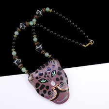 HUGE VINTAGE LEE SANDS CHEETAH CAT HAND PAINTED PENDANT BEAD NECKLACE