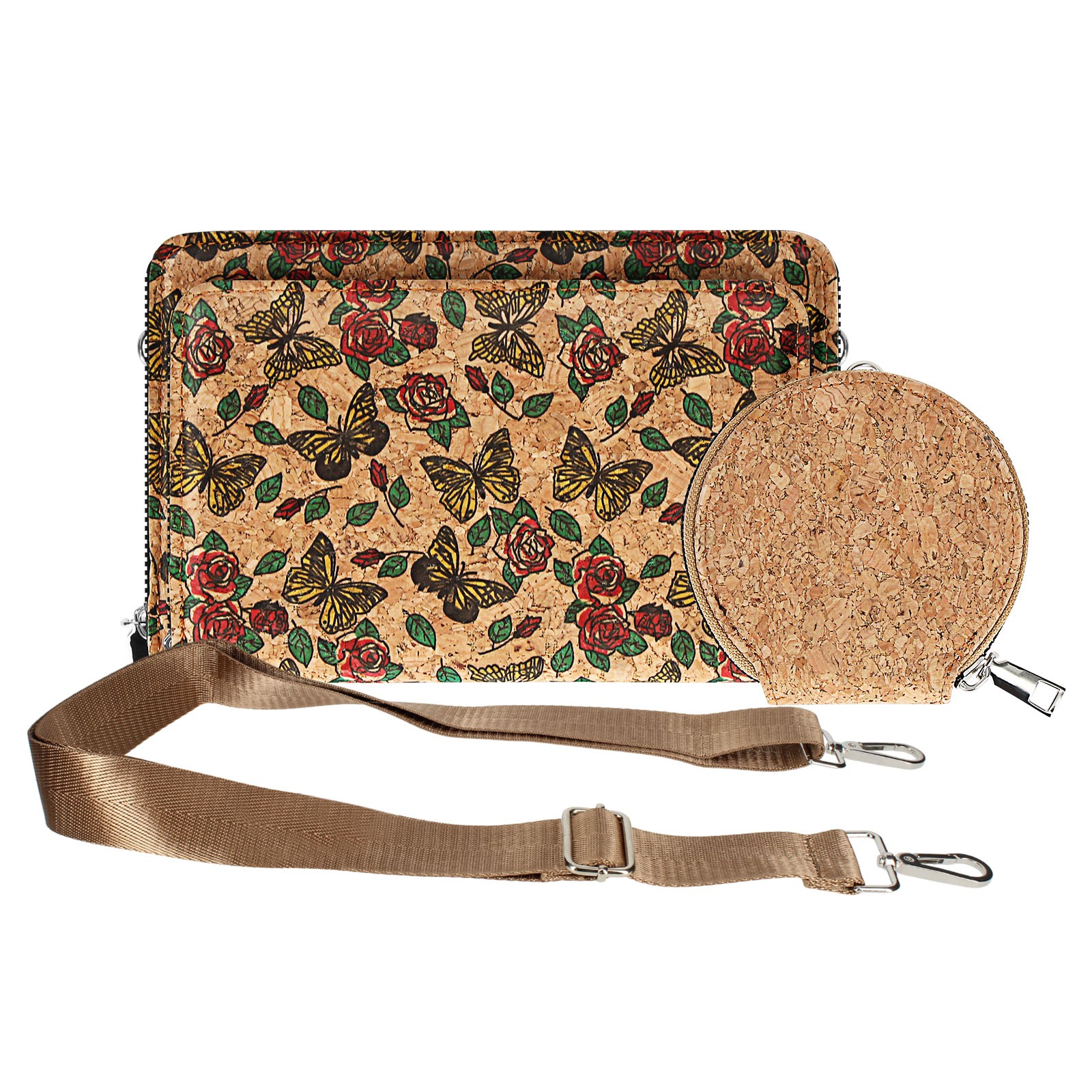 Sacoche liège femme bandoulière petite pochette téléphone deux zips imprimé papillon