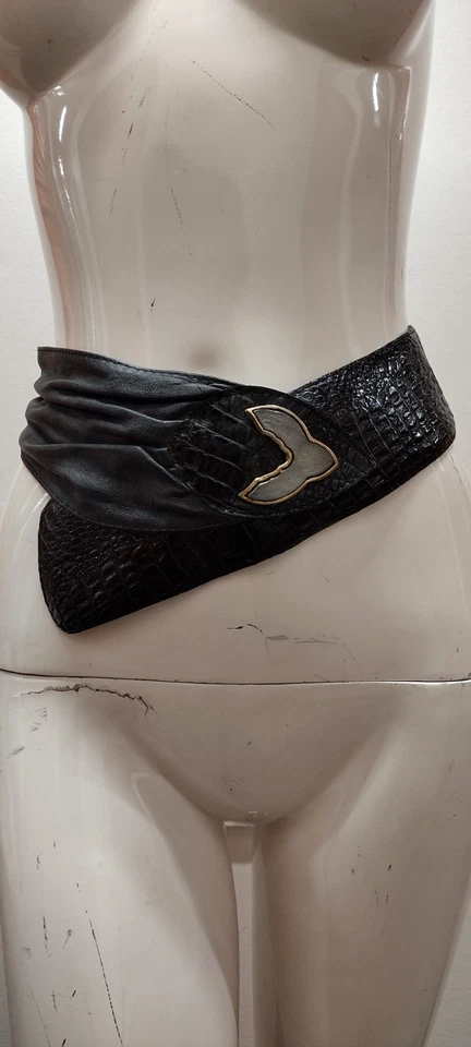 New Wave Black Belt Leather New Wave Evening Cocktail Wear 27 Waist Faux Croc - Image 3 of 4