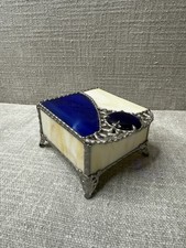 Vintage Handmade Stained Glass Trinket Jewelry Box Blue White Art Deco Style
