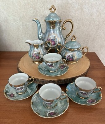 Vintage 13 Pc Iridescent Lusterware Demitasse Tea Set Fragonard Courting Couple