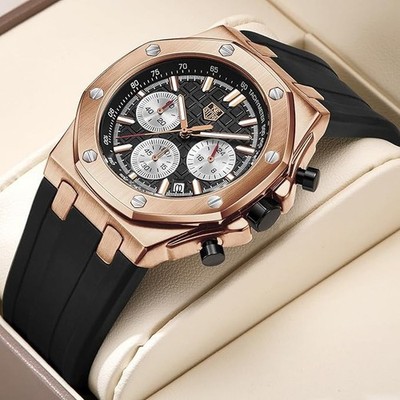 senstone Men's Watch Quartz Analog Waterproof Watch ,Rubber Strap (Golde/ Black)