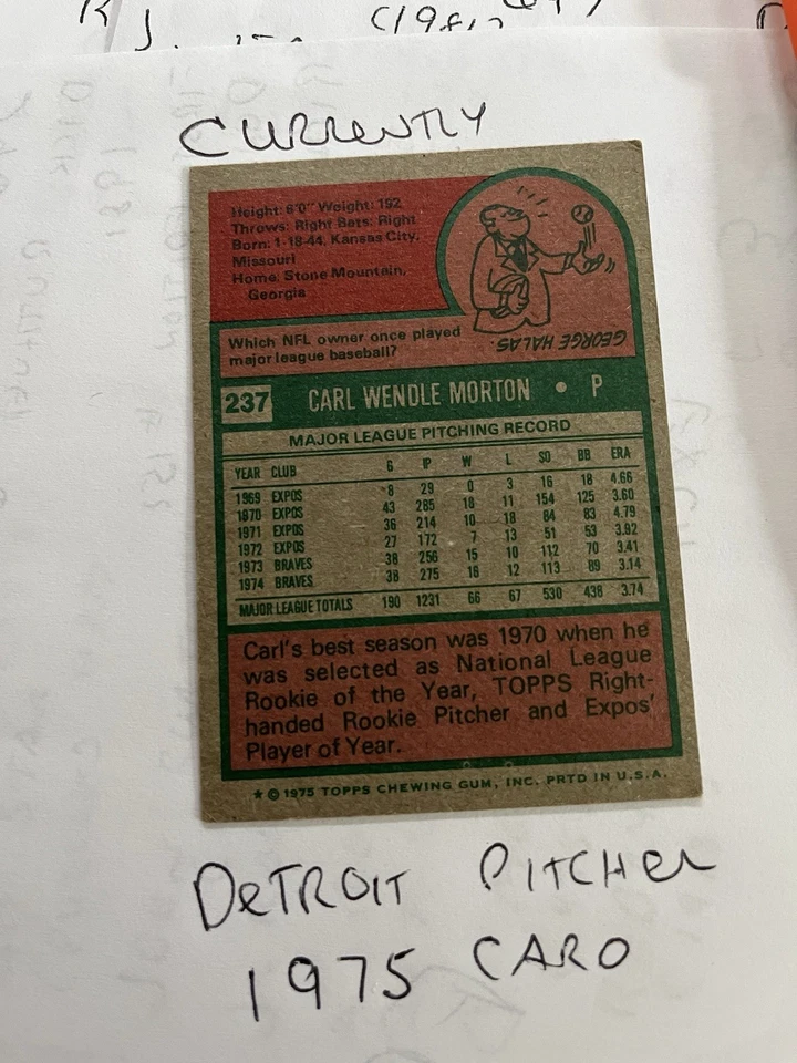 1975 Topps - Carl Morton #237 - Image 2 of 2