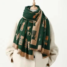 Whimsical Cat Print Scarf Shawl Cashmere Feel Winter Accessory