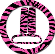 Pink Zebra Steering Wheel Cover 2 Seat Belt Covers Rearview Mirror Cover