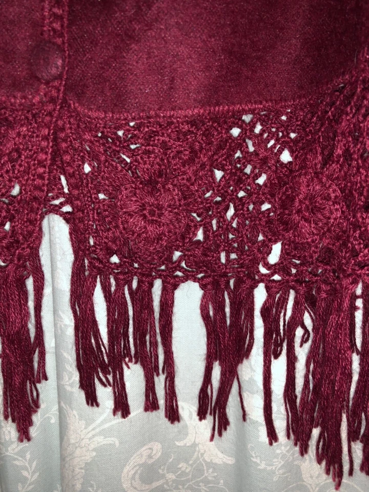 Cherry Red DIANA Peruvian Alpaca Floral Crochet fringed Poncho Cape Wrap - Image 4 of 4