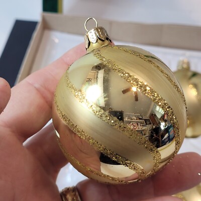Gold Swirl Glass Ornaments Set Of 5 Gold Glit Romania Boxed Commodore Classics