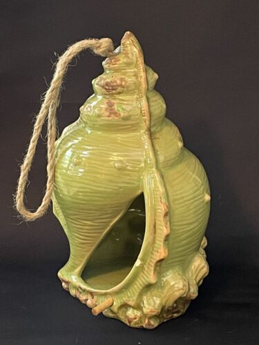 Ceramic Sea Shell Hanging Bird Feeder House Beach Decor Green Conch Pottery RARE