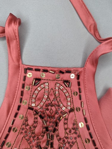 Vintage Express Top Small Pink Coral Ruffle Beaded Blouse Shirt Top 2000s - Picture 3 of 9