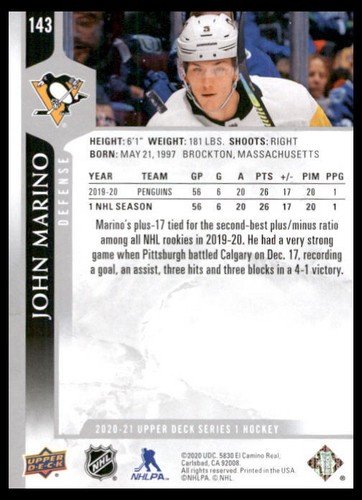 2020 Upper Deck #143 John Marino Pittsburgh Penguins Hockey Card - Picture 2 of 2