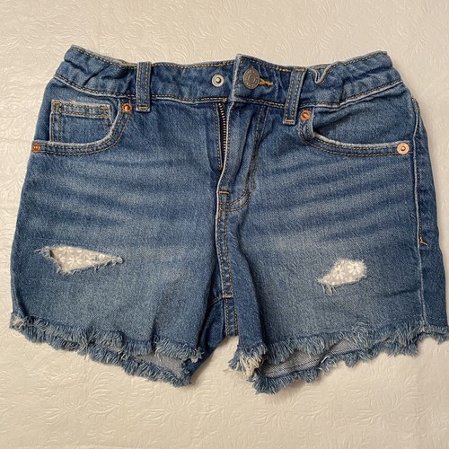 Cat & Jack Girls Denim Shorts with Flower Cut Outs- Size M (8)- Adjustable Waist