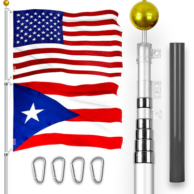 20Ft Telescoping Flagpole Silver & American and Puerto Rico Flags Emb 300D 3x5Ft