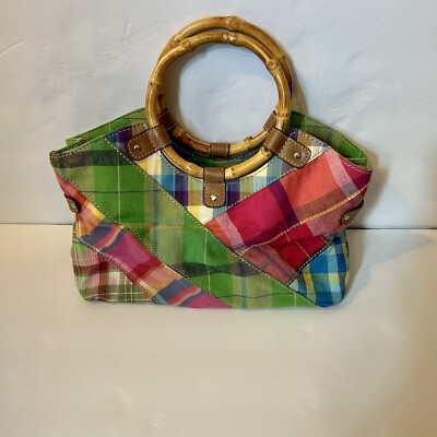 Relic Y2K Patchwork Plaid Bamboo Handle Summer Purse Pink Green