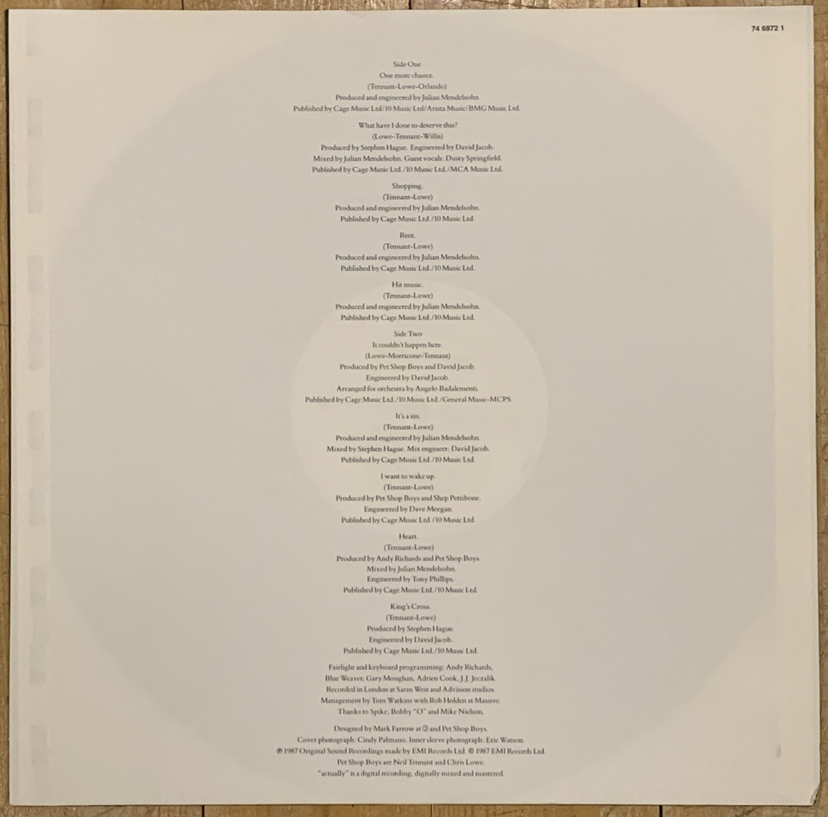 PET SHOP BOYS Actually Original 1987 EMI Parlophone LP 064