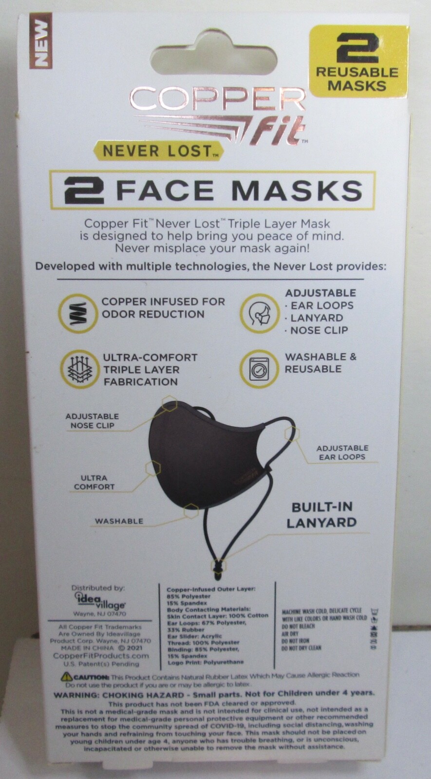 Copper Fit Never Lost Face Masks W/Lanyard 1 Blue & 1 Charcoal 2 Pack