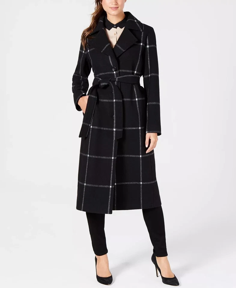 Nuevo sin etiquetas Abrigo Maxi Lana Jones New York Cinturón Cuadros 14 $460