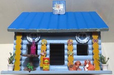 Decorated Painted Log Cabin Birdhouse From Unfinished Wood 7.75" x 6.375" x 5.8"