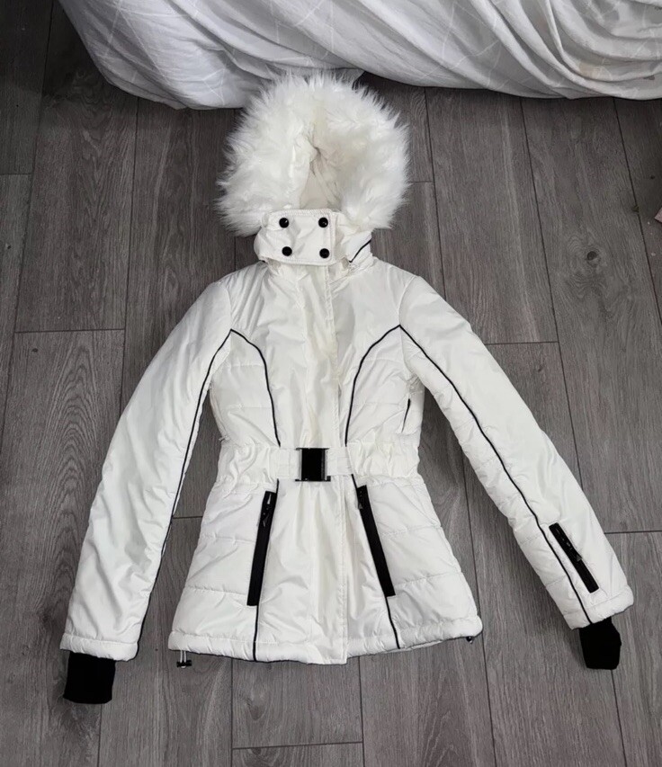 Size Topshop Sno Ski Black And Cream Quilted Padded Jacket Coat Faux Fur  Hood