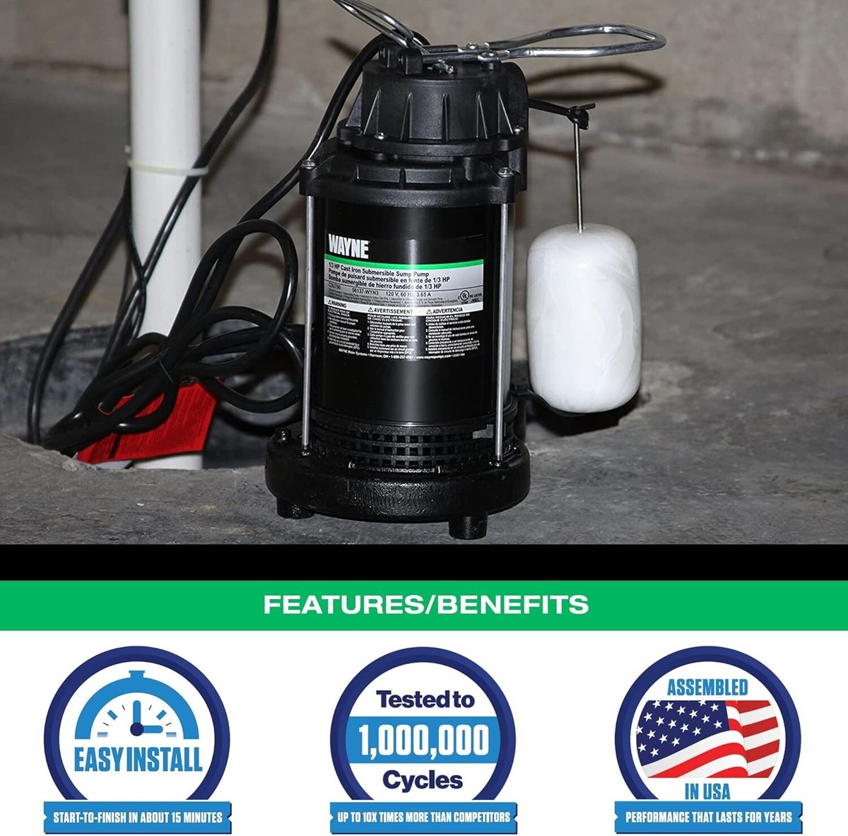 Wayne CDU800SS 1/2 HP 5100 GPH Stainless Steel Submersible Sump Pump 14 x 10 in