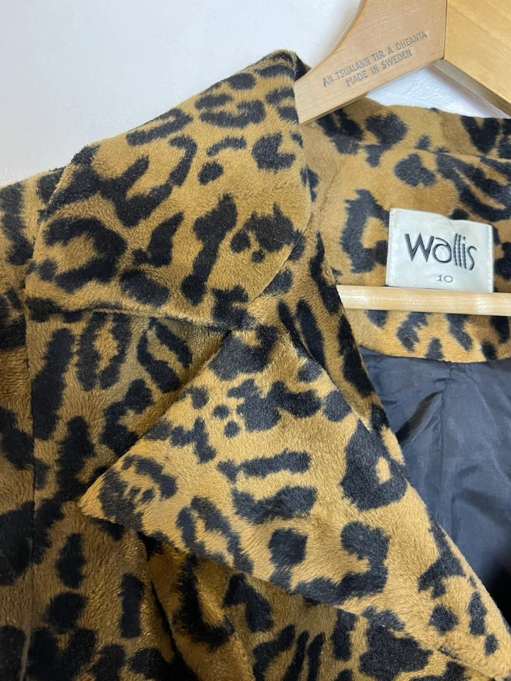 Vintage 90s Wallis Leopard Print Faux Fur Jacket UK 10 | Tan Black Animal Coat - Image 2 of 4