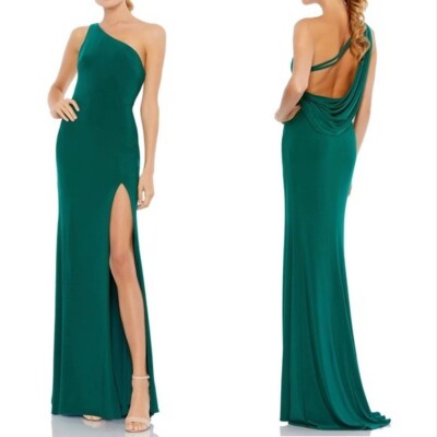 Green Jersey One Shoulder Draped Back Gown - Mac Duggal US 8