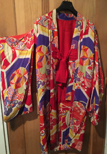 EXCEPTIONAL VINTAGE SILK KIMONO ROBE JAPAN LINED BOW TIE FRONT DAMASK PURPLE RED