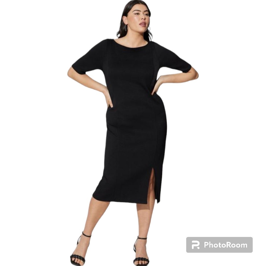 black bodycon midi dress short sleeve Silk Rib Half Sleeve Midi Dress main image 1