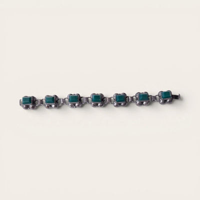 Mexican 925 Sterling Silver Bracelet Bezel Set Square Green Onyx Jade 7in