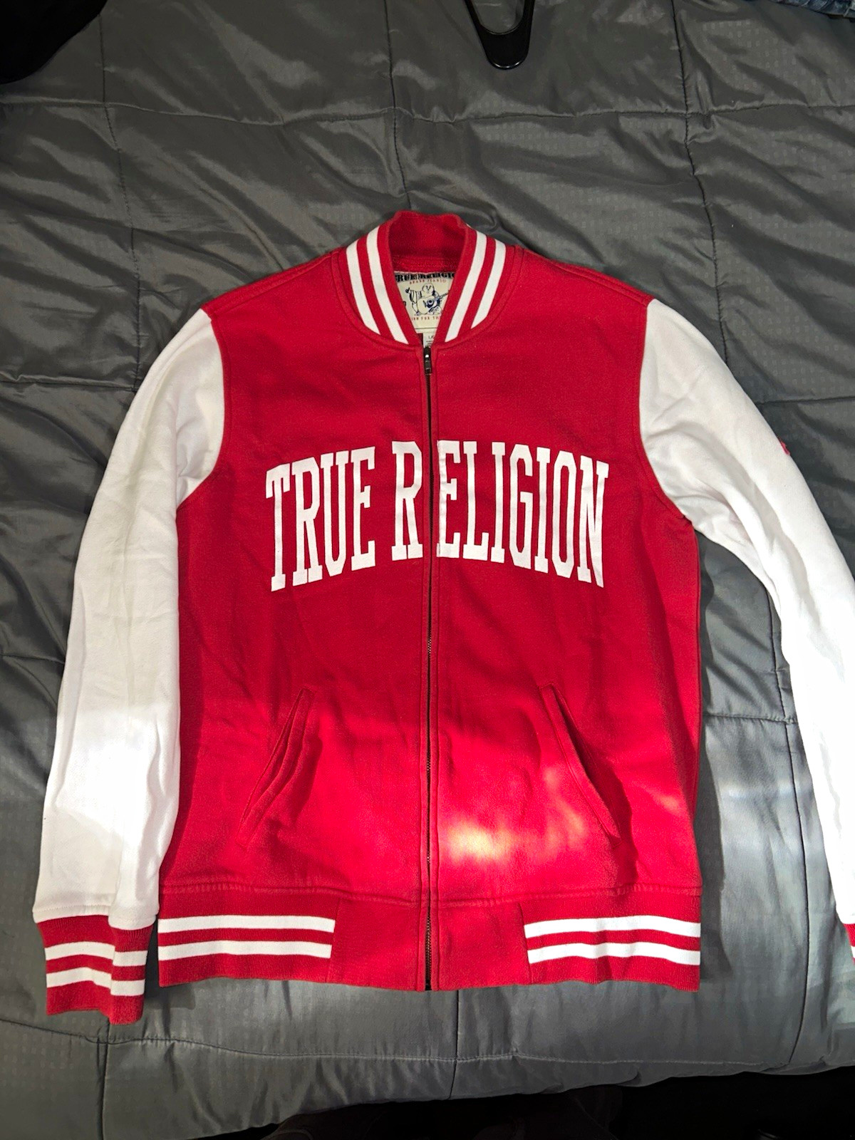 True Religion Red White Varsity Jacket Mens L Zip Up