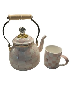 MacKenzie Childs 2qt Tea Kettle & One Mug Set Rosy Check New W/Defect