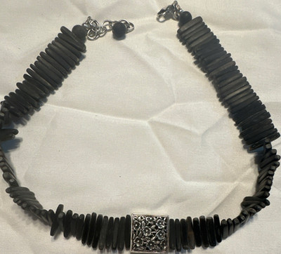 Emily Ray 925 Silver Floral Square Pendant Black Beaded Necklace