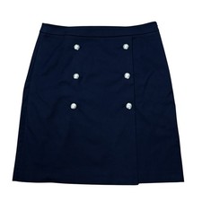 Talbots Nautical Faux Wrap Pencil Skirt Navy Silver Tone Metal Buttons Size 12