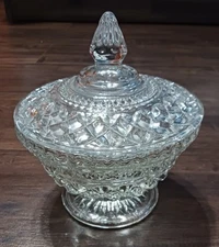 Vintage Pressed Glass Covered Candy Dish Pedestal Bowl Diamond Pattern Deco