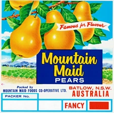 MOUNTAIN MAID Fancy Pears Original Fruit Crate Label New South Wales, Australia