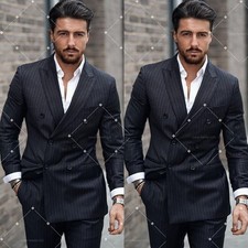 Offical Men's Suit Double Breasted Business Formal 2Pcs Striped Tuxedo Jacket