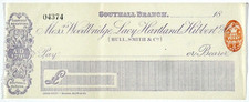 Woodbridge Lacy Hartland Hibbert & Co Southall Unissued Cheque Hull Smith c1890s