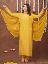 Yellow Muslin Chikankari Kurta Set, Chikankari 3 Piece Set, Women Salwaar Kameez
