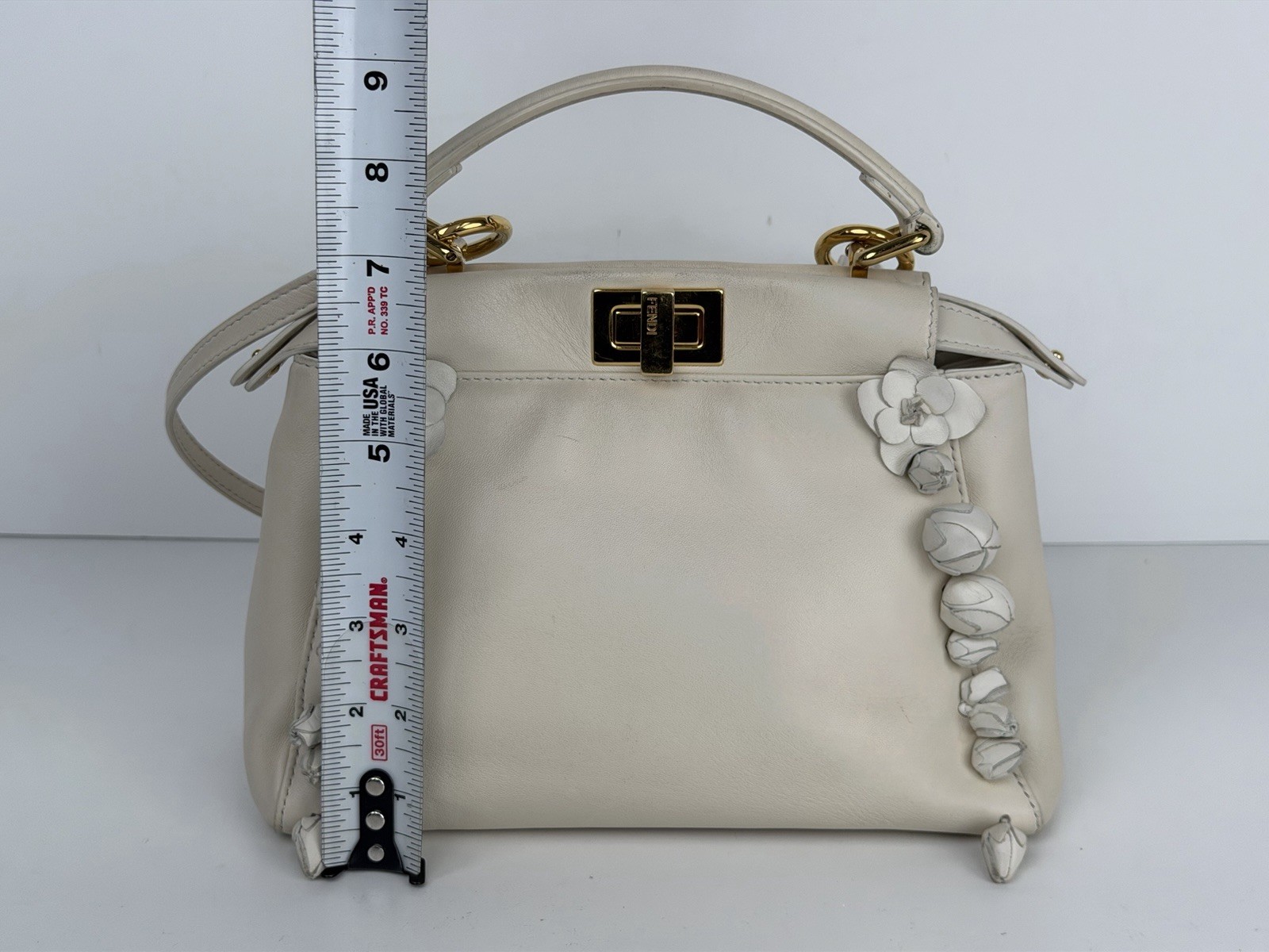 Fendi Nappa Rosebud Mini Peekaboo Iconic Satchel in White Lambskin Leather S09 thumbnail 19