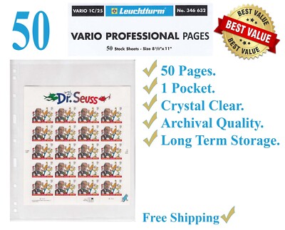 50 Lighthouse Vario 1C Clear Pages 1 Large Pocket For Stamp Block Sheet Archival