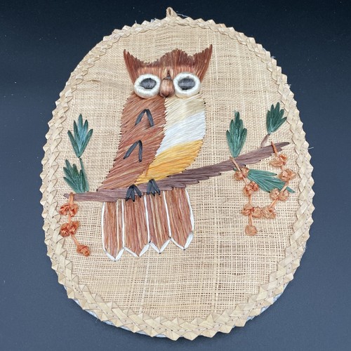 Vintage Raffia gewebte Eule Wandbild - Philippinen - 70er Jahre Boho Vögel - Bild 4 von 8