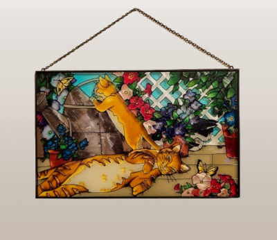VTG JOAN BAKER Tiffany Cats Painted Glass 10 x16  Suncatcher Art Panel 2001  