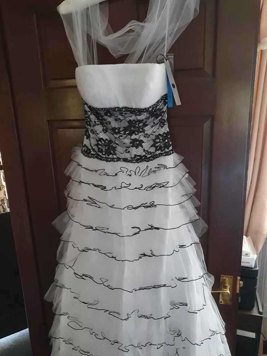 LADIES WHITE BLACK NET LAYERED PARTY BALLGOWN CRUISE DRESS UK XXS