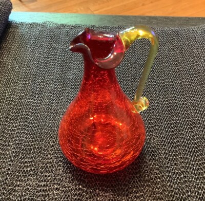 Hand Blown Ruby Red Crackle Glass Pitcher Applied Yellow Handle Delicate 5 ''