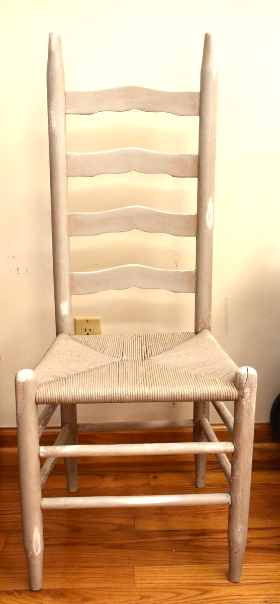 Vintage Farmhouse Wood Ladder Back Dining Chairs Woven Cane Rush Bottom  Seat 43