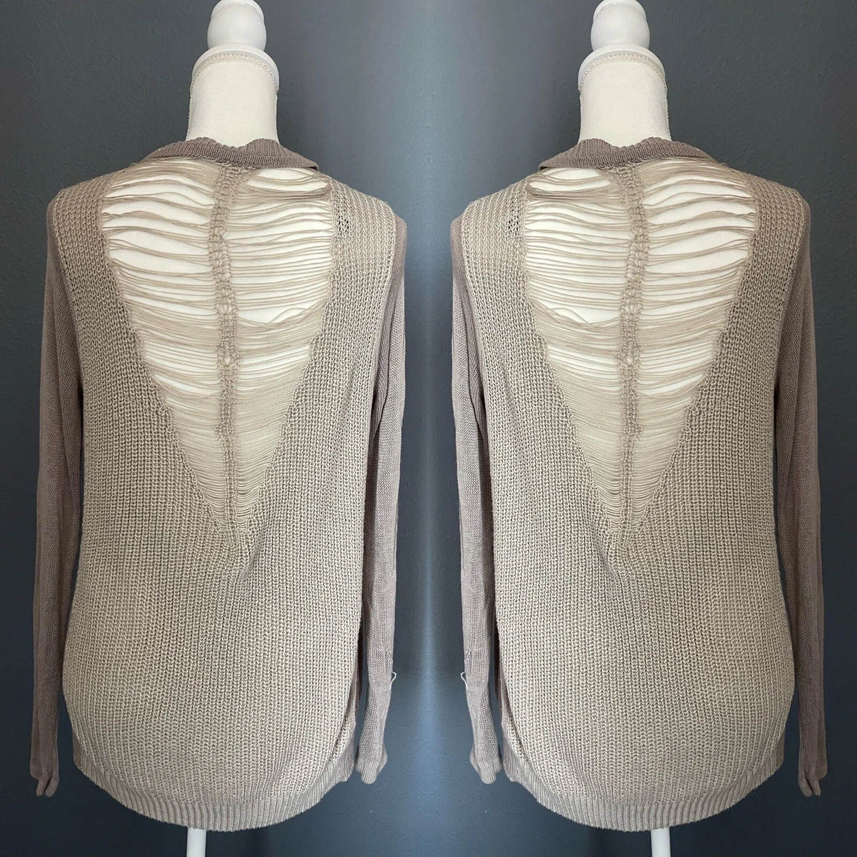 Beige brown long sleeve sweater with ripped style in the back size