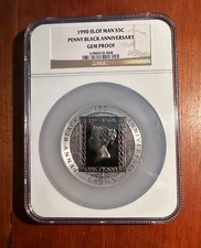 ISLE OF MAN  1990  5 CROWN SILVER COIN,  PENNY BLACK ANNIVERSARY, GEM PROOF