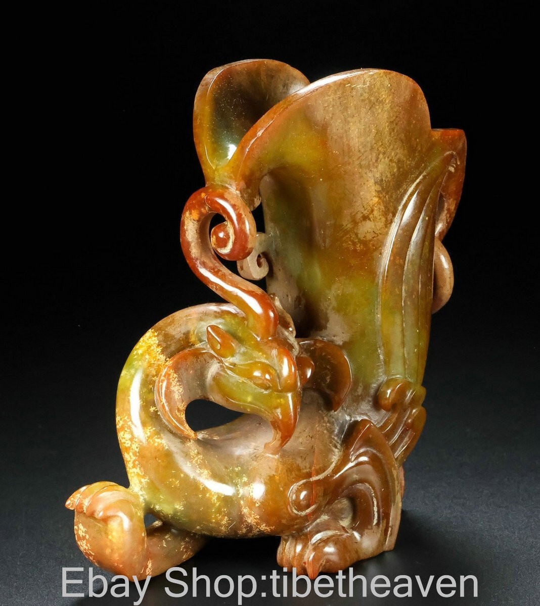 6" Chinese Marked Hetian Jade Craving Phoenix Beast Sculpture Cup Glass Mug
