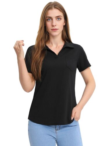Women's V Neck Polo Shirts Short Sleeve Collared Tops Tunic Blouses with Pocket - Picture 5 of 14