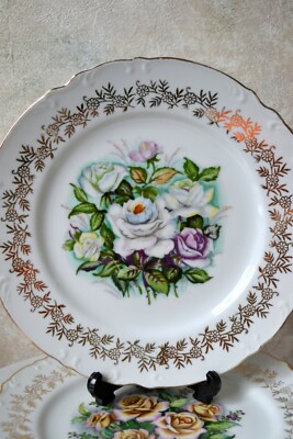 set 2 ESD JAPAN HAND PAINTED PORCELAIN PLATES ROSES Flowers