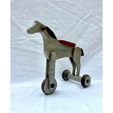 Antique Childrens Wooden Toy Horse Tricycle Wheels Silver Red Pull Along Decor